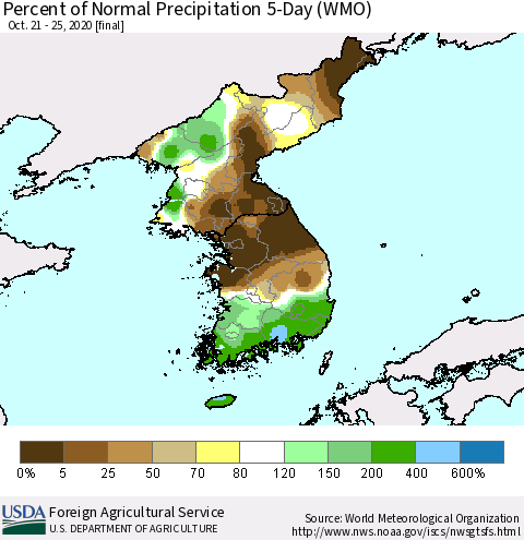 Korea Percent of Normal Precipitation 5-Day (WMO) Thematic Map For 10/21/2020 - 10/25/2020