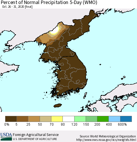 Korea Percent of Normal Precipitation 5-Day (WMO) Thematic Map For 10/26/2020 - 10/31/2020