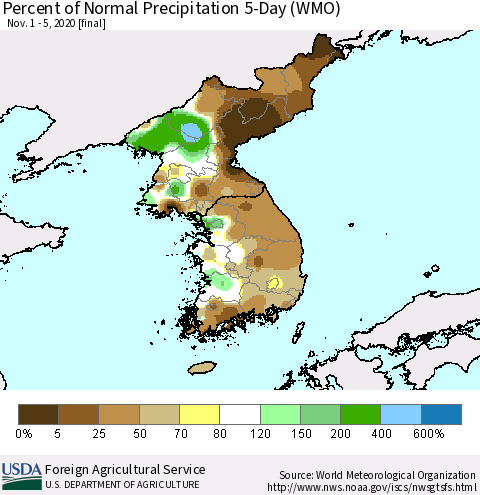 Korea Percent of Normal Precipitation 5-Day (WMO) Thematic Map For 11/1/2020 - 11/5/2020