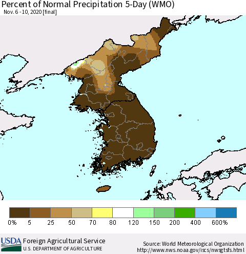 Korea Percent of Normal Precipitation 5-Day (WMO) Thematic Map For 11/6/2020 - 11/10/2020