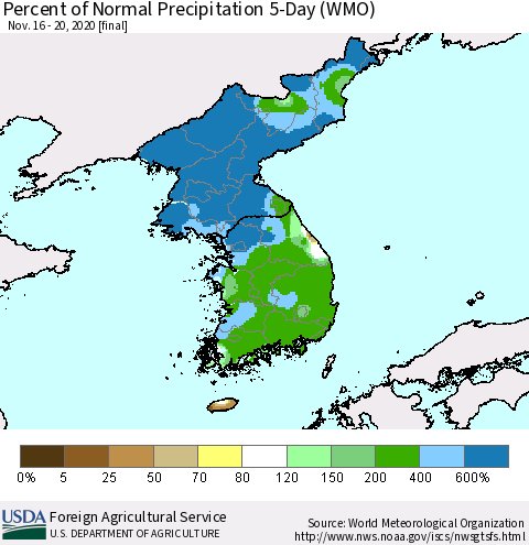 Korea Percent of Normal Precipitation 5-Day (WMO) Thematic Map For 11/16/2020 - 11/20/2020