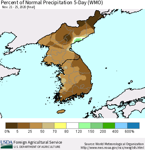 Korea Percent of Normal Precipitation 5-Day (WMO) Thematic Map For 11/21/2020 - 11/25/2020