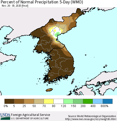Korea Percent of Normal Precipitation 5-Day (WMO) Thematic Map For 11/26/2020 - 11/30/2020