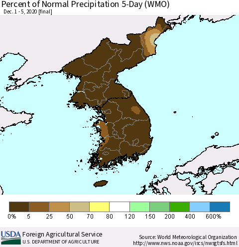 Korea Percent of Normal Precipitation 5-Day (WMO) Thematic Map For 12/1/2020 - 12/5/2020