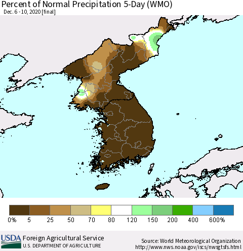 Korea Percent of Normal Precipitation 5-Day (WMO) Thematic Map For 12/6/2020 - 12/10/2020