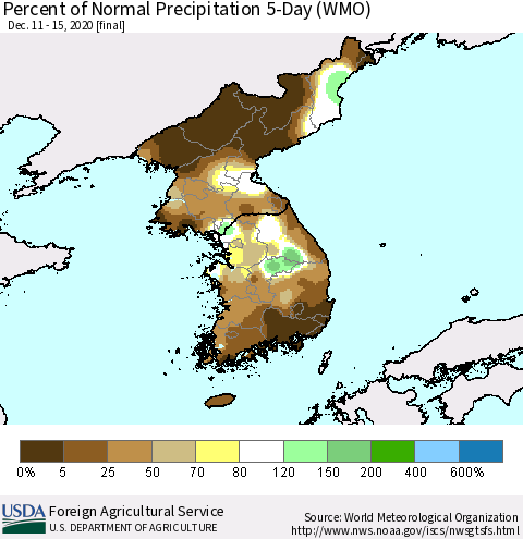 Korea Percent of Normal Precipitation 5-Day (WMO) Thematic Map For 12/11/2020 - 12/15/2020