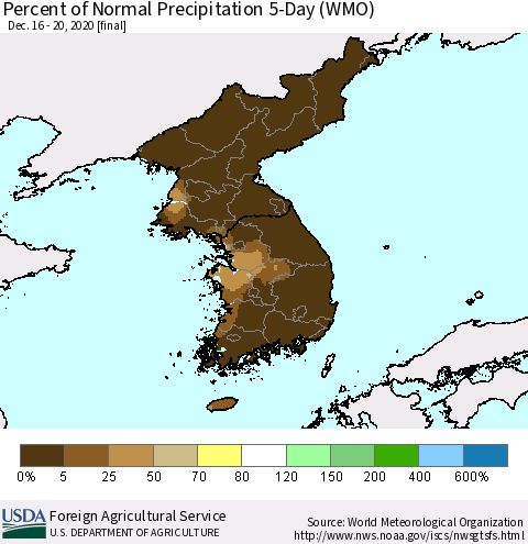 Korea Percent of Normal Precipitation 5-Day (WMO) Thematic Map For 12/16/2020 - 12/20/2020