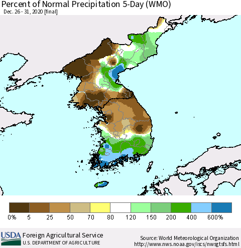 Korea Percent of Normal Precipitation 5-Day (WMO) Thematic Map For 12/26/2020 - 12/31/2020