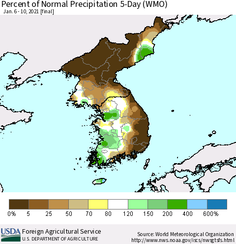 Korea Percent of Normal Precipitation 5-Day (WMO) Thematic Map For 1/6/2021 - 1/10/2021