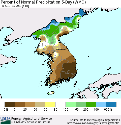 Korea Percent of Normal Precipitation 5-Day (WMO) Thematic Map For 1/11/2021 - 1/15/2021