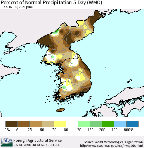 Korea Percent of Normal Precipitation 5-Day (WMO) Thematic Map For 1/16/2021 - 1/20/2021