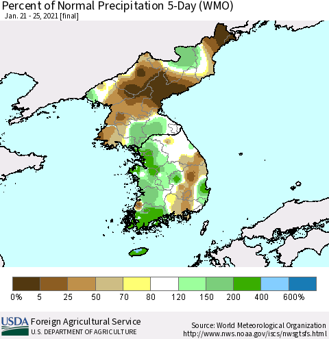Korea Percent of Normal Precipitation 5-Day (WMO) Thematic Map For 1/21/2021 - 1/25/2021