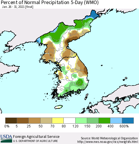 Korea Percent of Normal Precipitation 5-Day (WMO) Thematic Map For 1/26/2021 - 1/31/2021