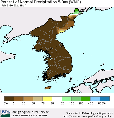 Korea Percent of Normal Precipitation 5-Day (WMO) Thematic Map For 2/6/2021 - 2/10/2021