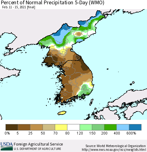 Korea Percent of Normal Precipitation 5-Day (WMO) Thematic Map For 2/11/2021 - 2/15/2021
