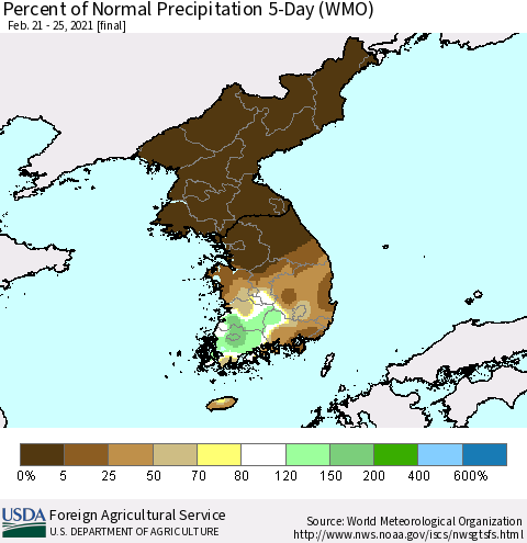 Korea Percent of Normal Precipitation 5-Day (WMO) Thematic Map For 2/21/2021 - 2/25/2021
