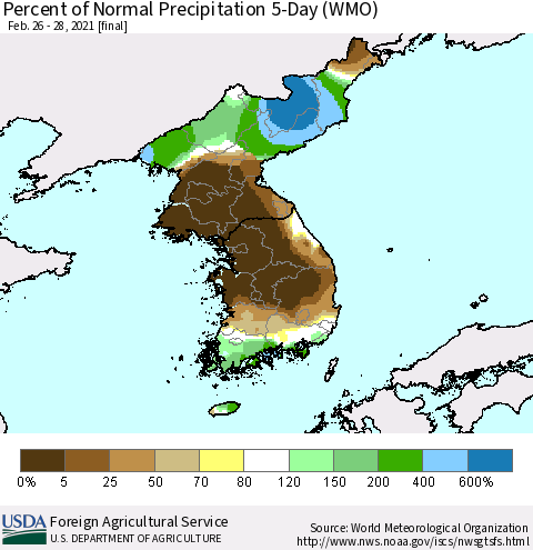 Korea Percent of Normal Precipitation 5-Day (WMO) Thematic Map For 2/26/2021 - 2/28/2021