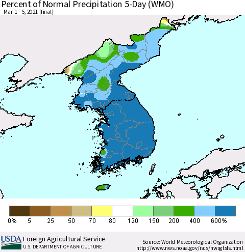 Korea Percent of Normal Precipitation 5-Day (WMO) Thematic Map For 3/1/2021 - 3/5/2021