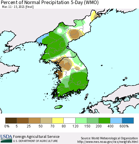 Korea Percent of Normal Precipitation 5-Day (WMO) Thematic Map For 3/11/2021 - 3/15/2021