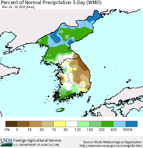Korea Percent of Normal Precipitation 5-Day (WMO) Thematic Map For 3/16/2021 - 3/20/2021