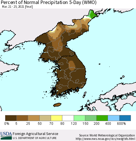 Korea Percent of Normal Precipitation 5-Day (WMO) Thematic Map For 3/21/2021 - 3/25/2021