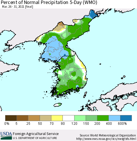 Korea Percent of Normal Precipitation 5-Day (WMO) Thematic Map For 3/26/2021 - 3/31/2021