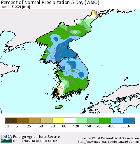 Korea Percent of Normal Precipitation 5-Day (WMO) Thematic Map For 4/1/2021 - 4/5/2021