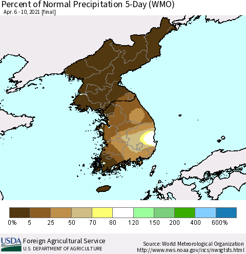 Korea Percent of Normal Precipitation 5-Day (WMO) Thematic Map For 4/6/2021 - 4/10/2021