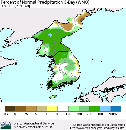 Korea Percent of Normal Precipitation 5-Day (WMO) Thematic Map For 4/11/2021 - 4/15/2021