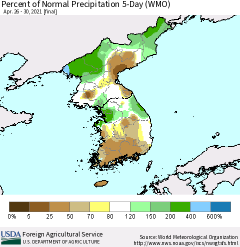Korea Percent of Normal Precipitation 5-Day (WMO) Thematic Map For 4/26/2021 - 4/30/2021