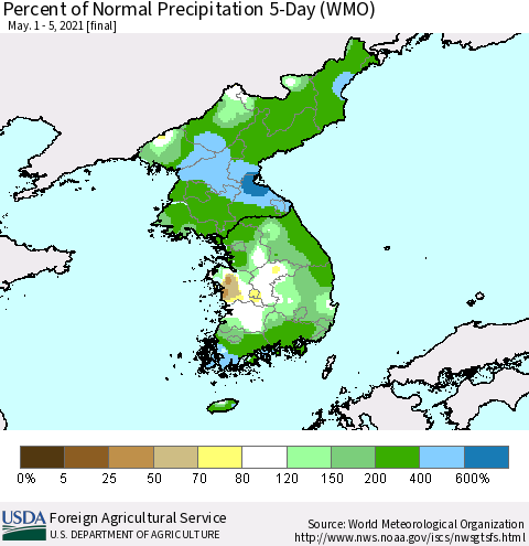 Korea Percent of Normal Precipitation 5-Day (WMO) Thematic Map For 5/1/2021 - 5/5/2021