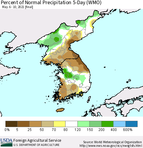 Korea Percent of Normal Precipitation 5-Day (WMO) Thematic Map For 5/6/2021 - 5/10/2021