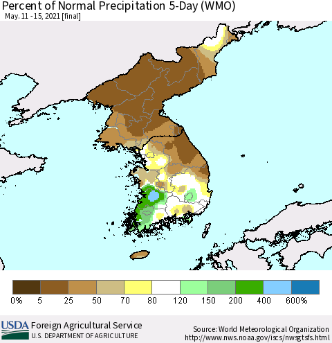 Korea Percent of Normal Precipitation 5-Day (WMO) Thematic Map For 5/11/2021 - 5/15/2021