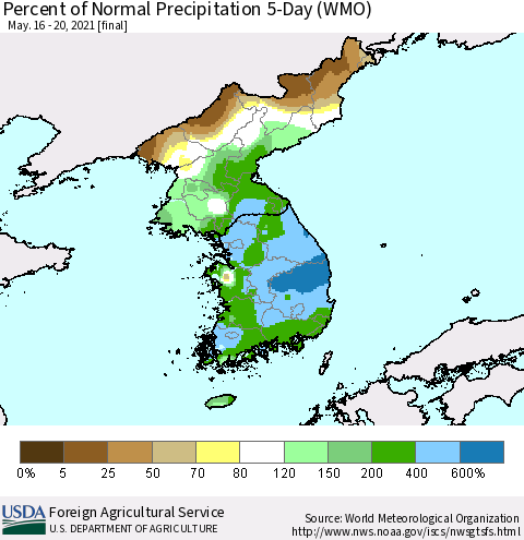 Korea Percent of Normal Precipitation 5-Day (WMO) Thematic Map For 5/16/2021 - 5/20/2021