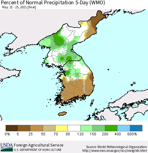 Korea Percent of Normal Precipitation 5-Day (WMO) Thematic Map For 5/21/2021 - 5/25/2021