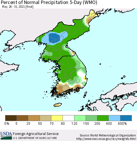 Korea Percent of Normal Precipitation 5-Day (WMO) Thematic Map For 5/26/2021 - 5/31/2021