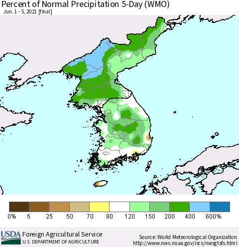 Korea Percent of Normal Precipitation 5-Day (WMO) Thematic Map For 6/1/2021 - 6/5/2021
