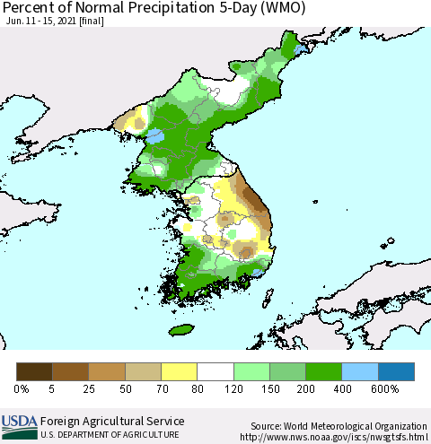 Korea Percent of Normal Precipitation 5-Day (WMO) Thematic Map For 6/11/2021 - 6/15/2021