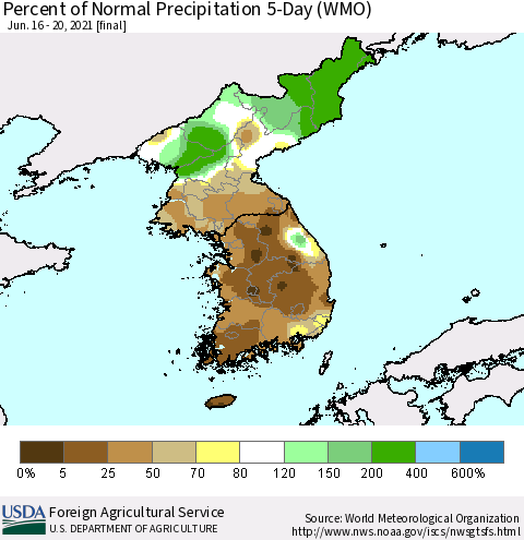 Korea Percent of Normal Precipitation 5-Day (WMO) Thematic Map For 6/16/2021 - 6/20/2021