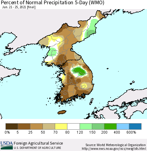 Korea Percent of Normal Precipitation 5-Day (WMO) Thematic Map For 6/21/2021 - 6/25/2021