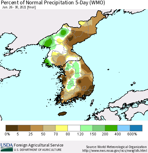Korea Percent of Normal Precipitation 5-Day (WMO) Thematic Map For 6/26/2021 - 6/30/2021
