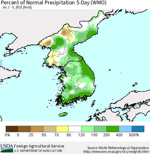 Korea Percent of Normal Precipitation 5-Day (WMO) Thematic Map For 7/1/2021 - 7/5/2021
