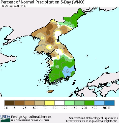 Korea Percent of Normal Precipitation 5-Day (WMO) Thematic Map For 7/6/2021 - 7/10/2021
