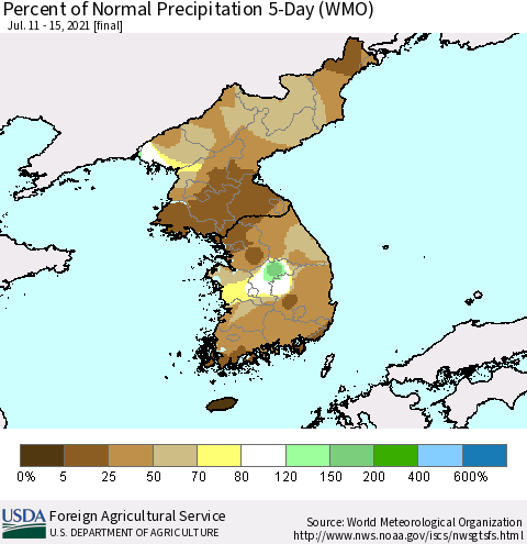 Korea Percent of Normal Precipitation 5-Day (WMO) Thematic Map For 7/11/2021 - 7/15/2021