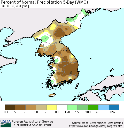 Korea Percent of Normal Precipitation 5-Day (WMO) Thematic Map For 7/16/2021 - 7/20/2021