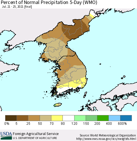 Korea Percent of Normal Precipitation 5-Day (WMO) Thematic Map For 7/21/2021 - 7/25/2021