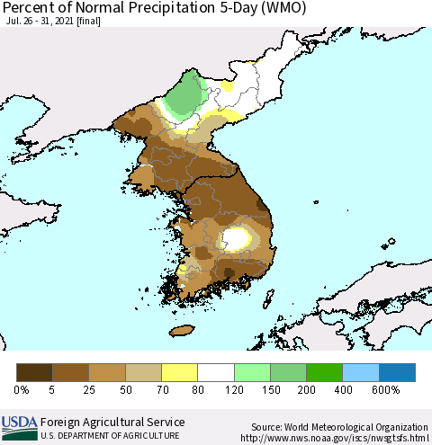 Korea Percent of Normal Precipitation 5-Day (WMO) Thematic Map For 7/26/2021 - 7/31/2021