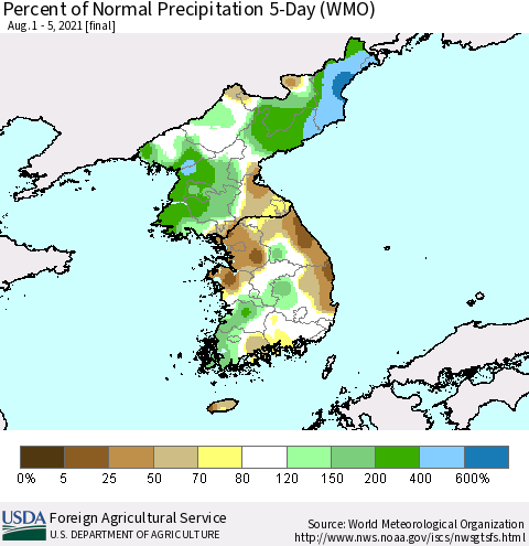 Korea Percent of Normal Precipitation 5-Day (WMO) Thematic Map For 8/1/2021 - 8/5/2021
