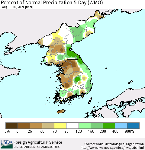 Korea Percent of Normal Precipitation 5-Day (WMO) Thematic Map For 8/6/2021 - 8/10/2021