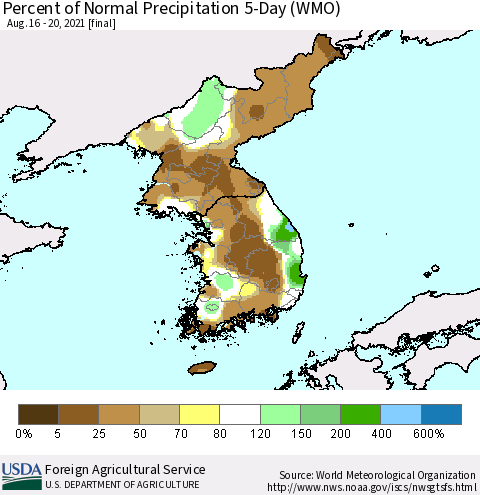 Korea Percent of Normal Precipitation 5-Day (WMO) Thematic Map For 8/16/2021 - 8/20/2021